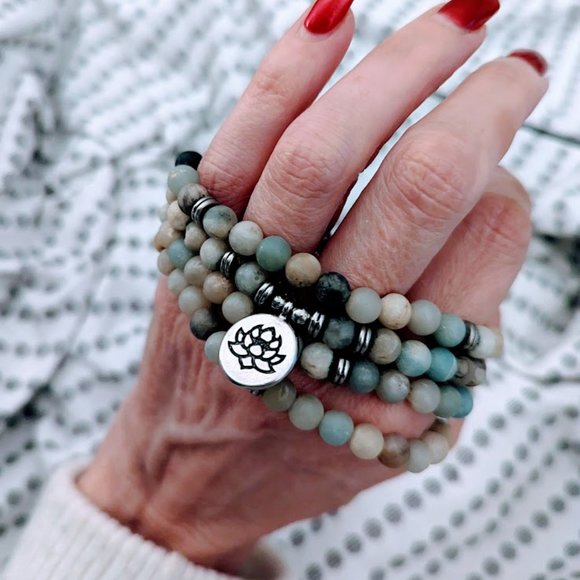 ✨ 108 Mala Bead Bracelet Necklace w/Lotus Charm Amazonite Beaded Bracelet - Picture 7 of 9